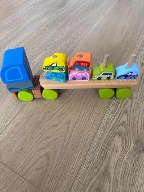 Wooden Blue and Green Toy Car Carrier Truck for Kids